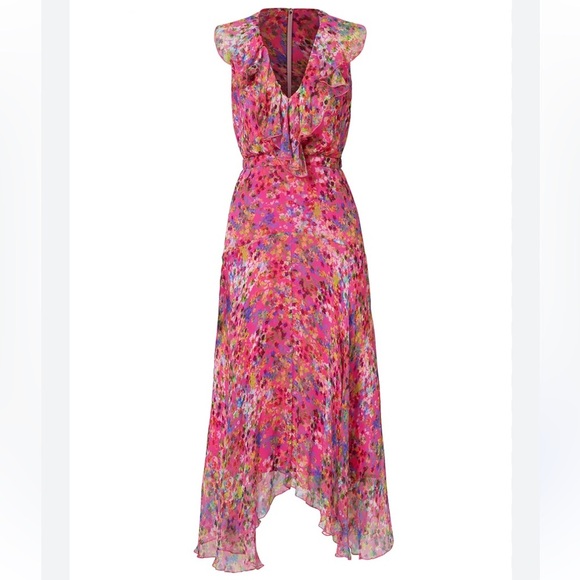 Saloni Silk Floral Pink Ruffle Midi Dress - Picture 2 of 11